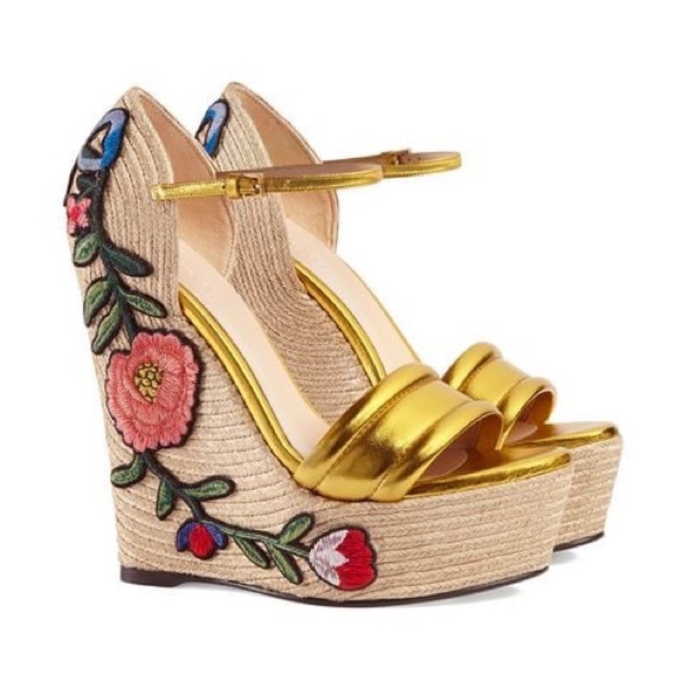 Gucci Embroidered Metallic Gold Espadrille Wedges - Picture 1 of 8